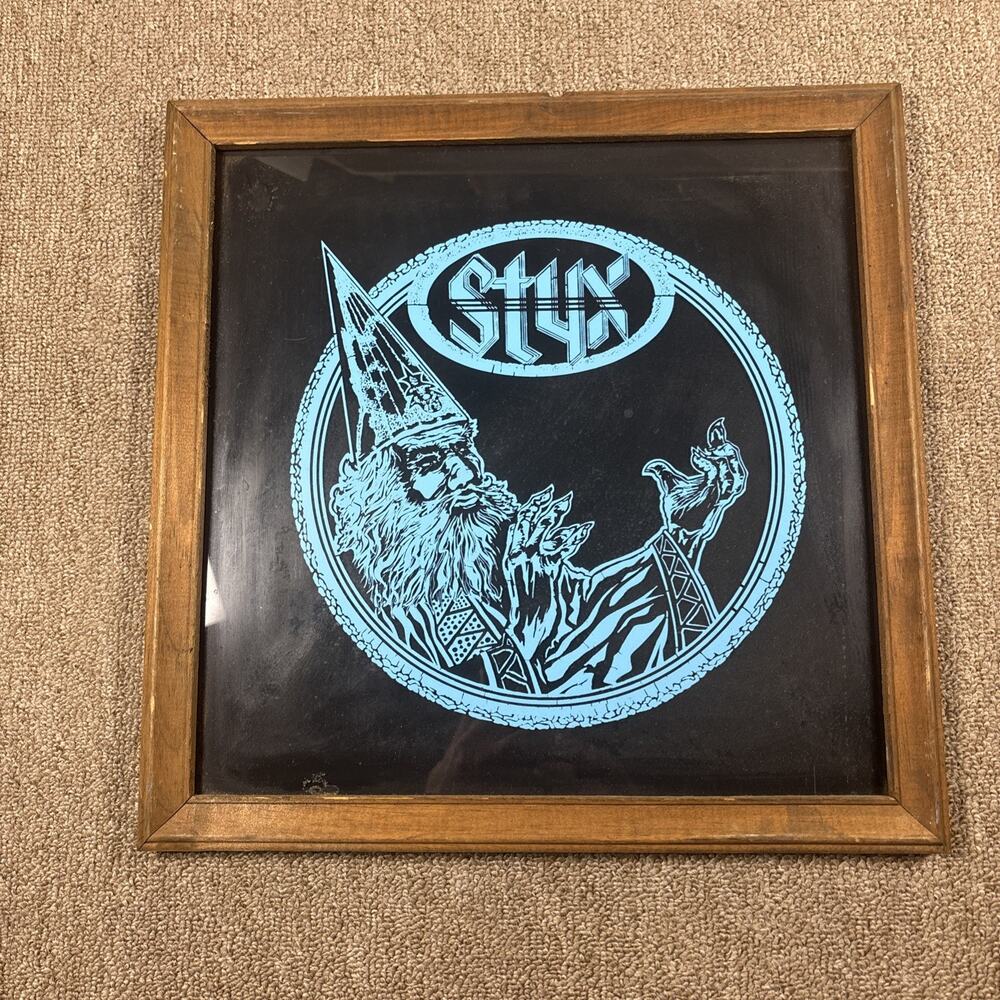 Vintage 70s/80s STYX Band Carnival Prize Glass Picture 13x13 Wood Frame Wizard